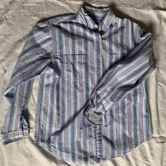 Land's End button down shirt, size M, long sleeves, purple and green stripes - Picture 1 of 2